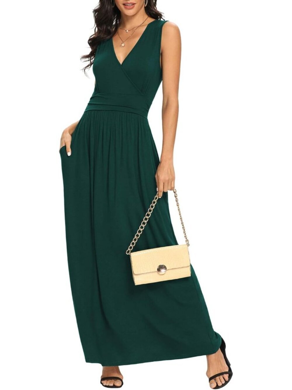 Lilbetter Women's Dark Green Sleeveless Neck Loose Plain Long Maxi Casual Dress